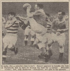 Bertie Peacock's debut against Aberdeen on 31st August 1949. It's from the Aberdeen Press and Journal of 1st September 1949. 