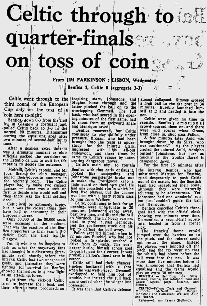 Benfica v Celtic, European Cup, 26/11/69