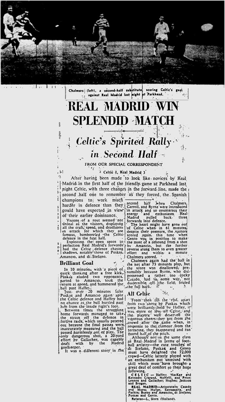 Celtic v Real Madrid, Friendly, 10/9/62, Glasgow Herald Celtic v Real Madrid, Friendly, 10/9/62, Glasgow Herald