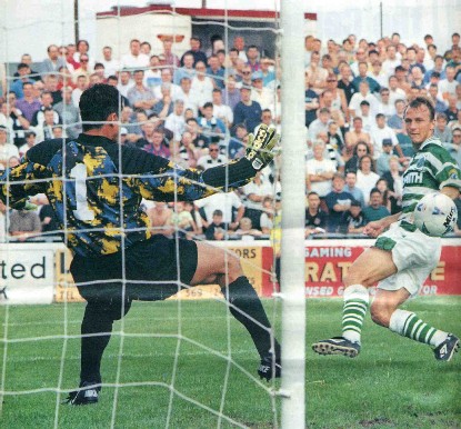 Andreas Thom slots home his debut goal