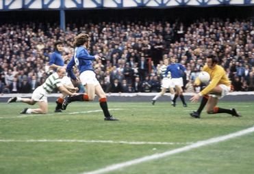 A Davie Hay cross from the left is met by the diving Johnstone to give Celtic the lead. A Davie Hay cross from the left is met by the diving Johnstone to give Celtic the lead.